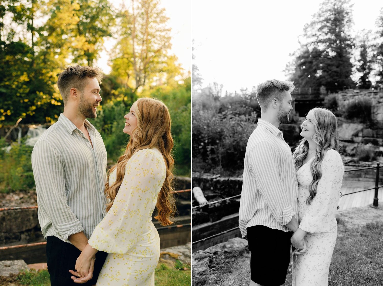 Parfotografering med Martina och Sebastian i Borgvik utanför Karlstad. Fotograf Rebecca Nordin. Stående mot varandra. Två bilder bredvid.