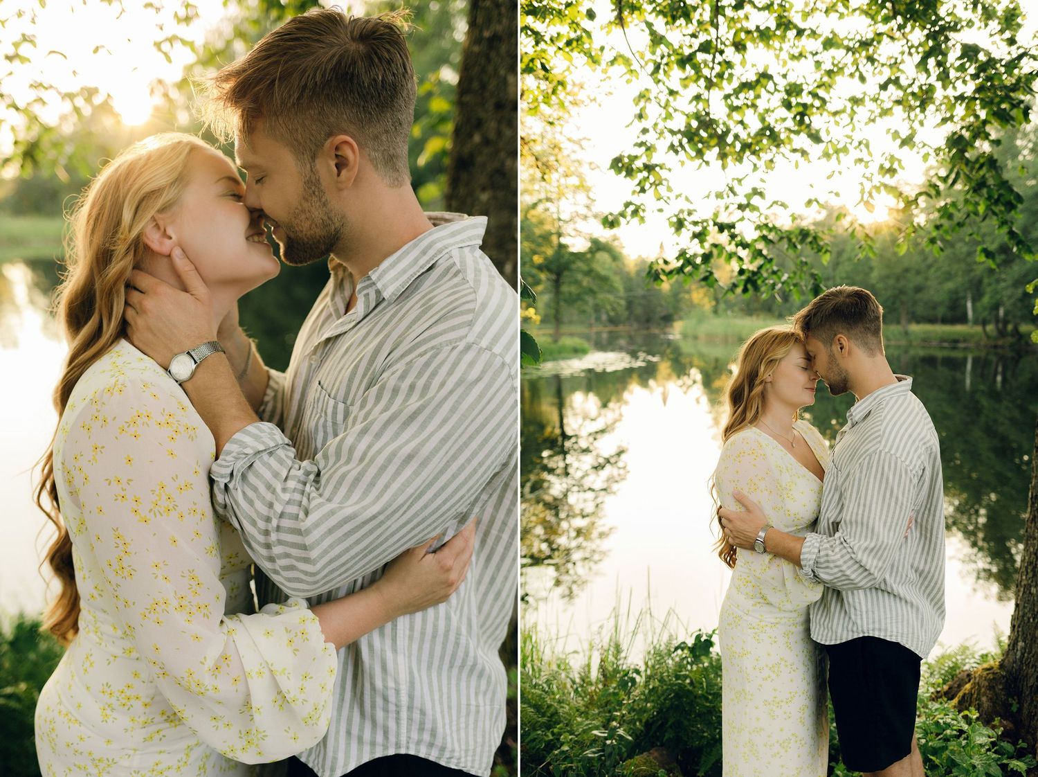 Parfotografering med Martina och Sebastian i Borgvik utanför Karlstad. Framför sjön i Borgvik, två bilder ihopsatta.