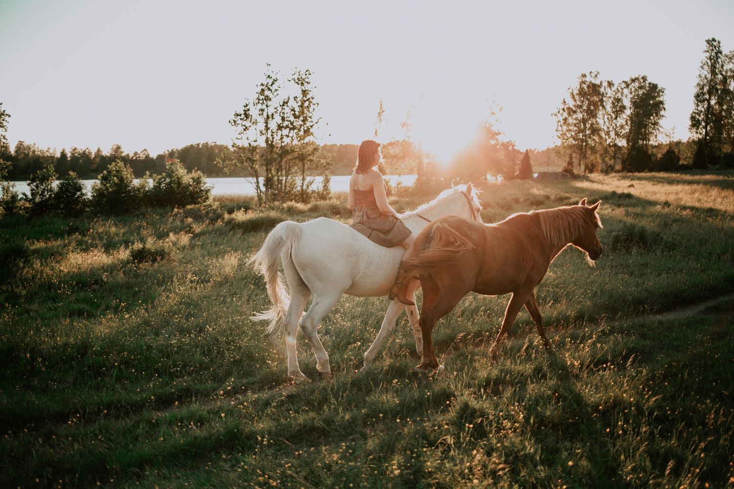 Artisten Lina Adolphson rider i solnedgången. Bredvid henne går hennes andra häst.