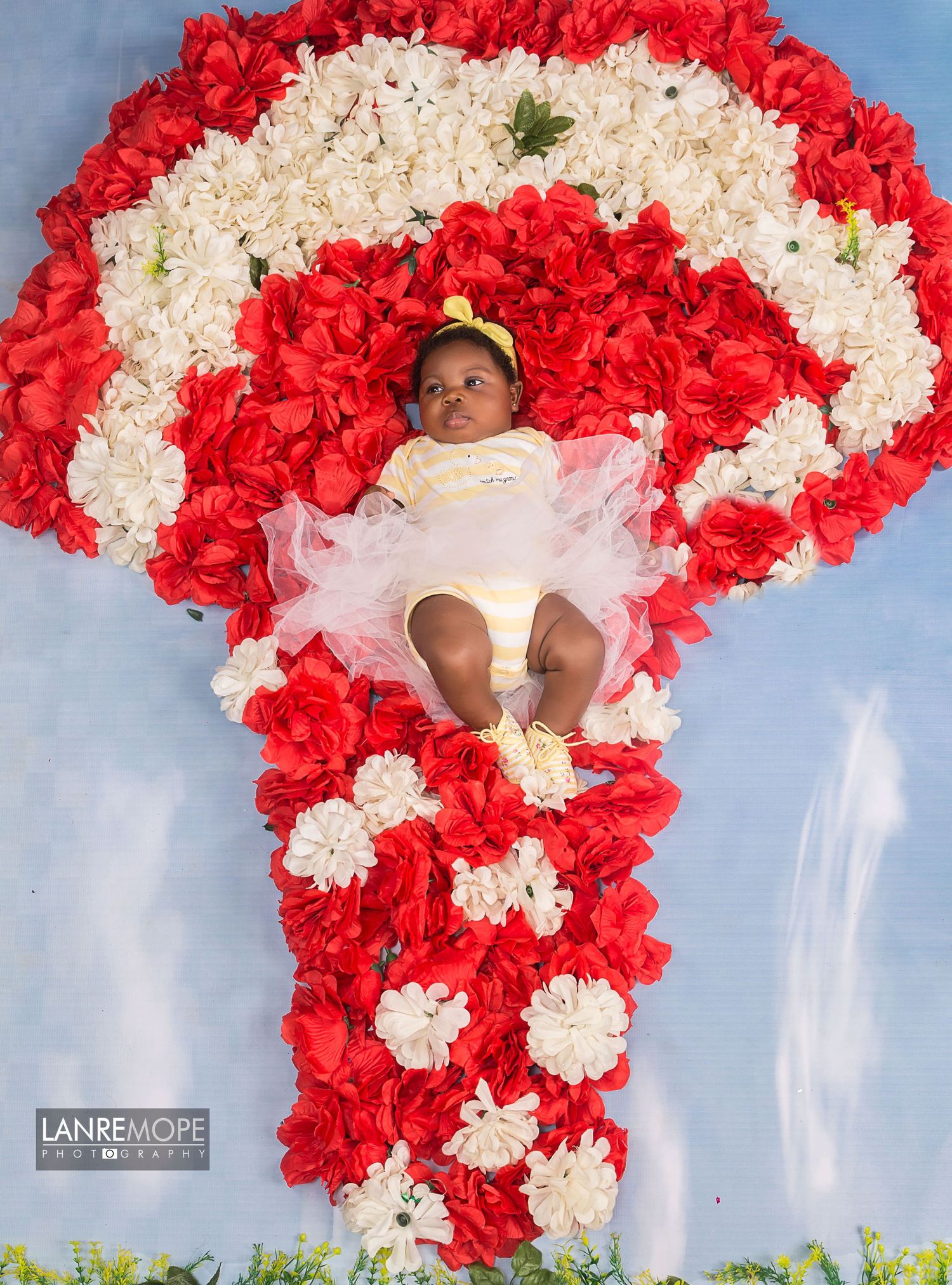 Newborn baby girl lying on red and white floral arrangement for studio portrait.