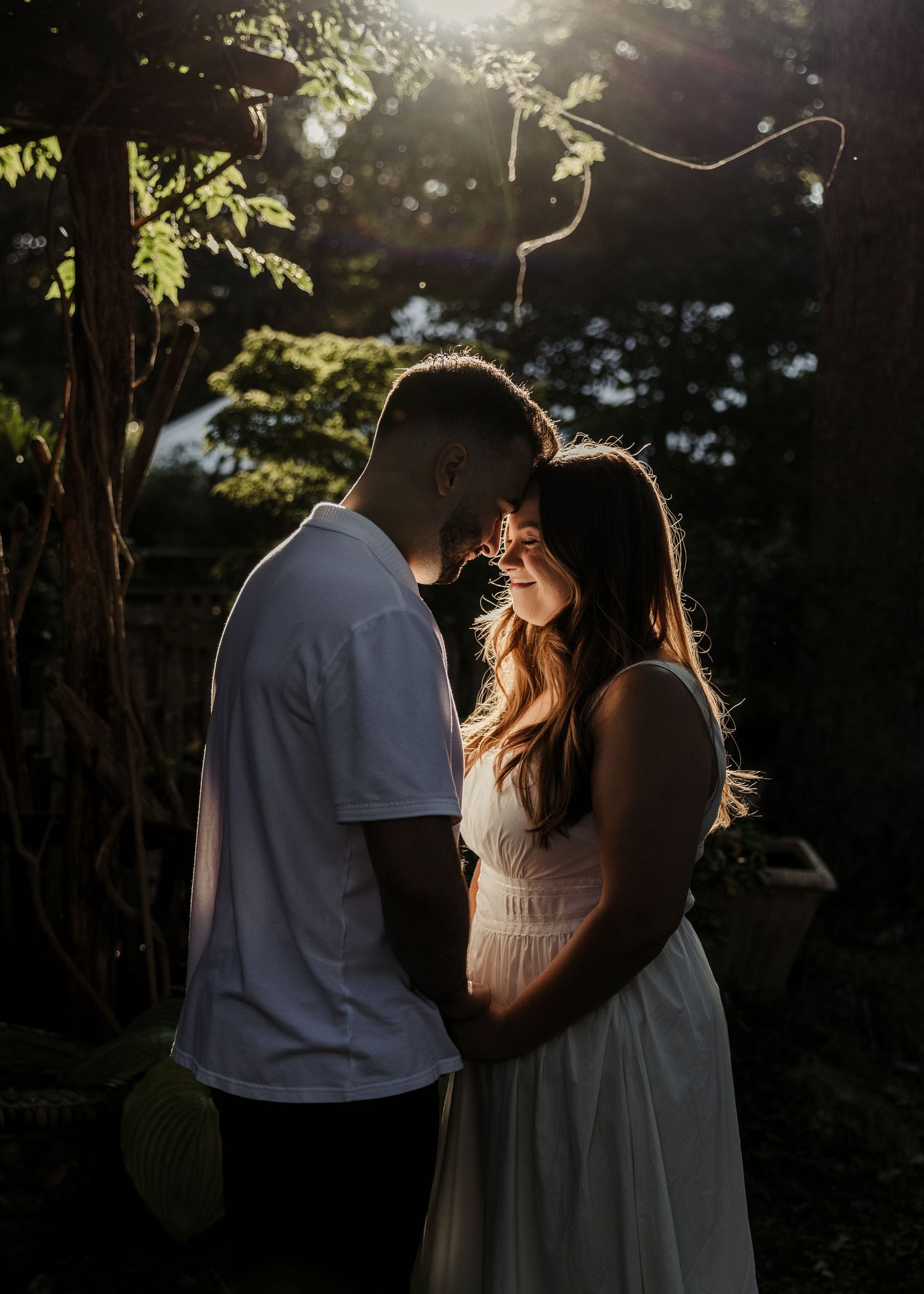 A couple embraces in golden backlit sunlight surrounded by lush garden trees.