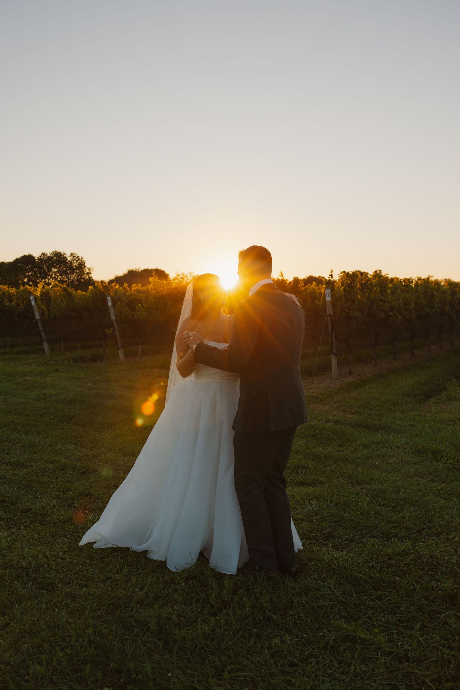 Bride and groom silhouetted against golden sunset in a vineyard, sharing a romantic embrace on their wedding day.