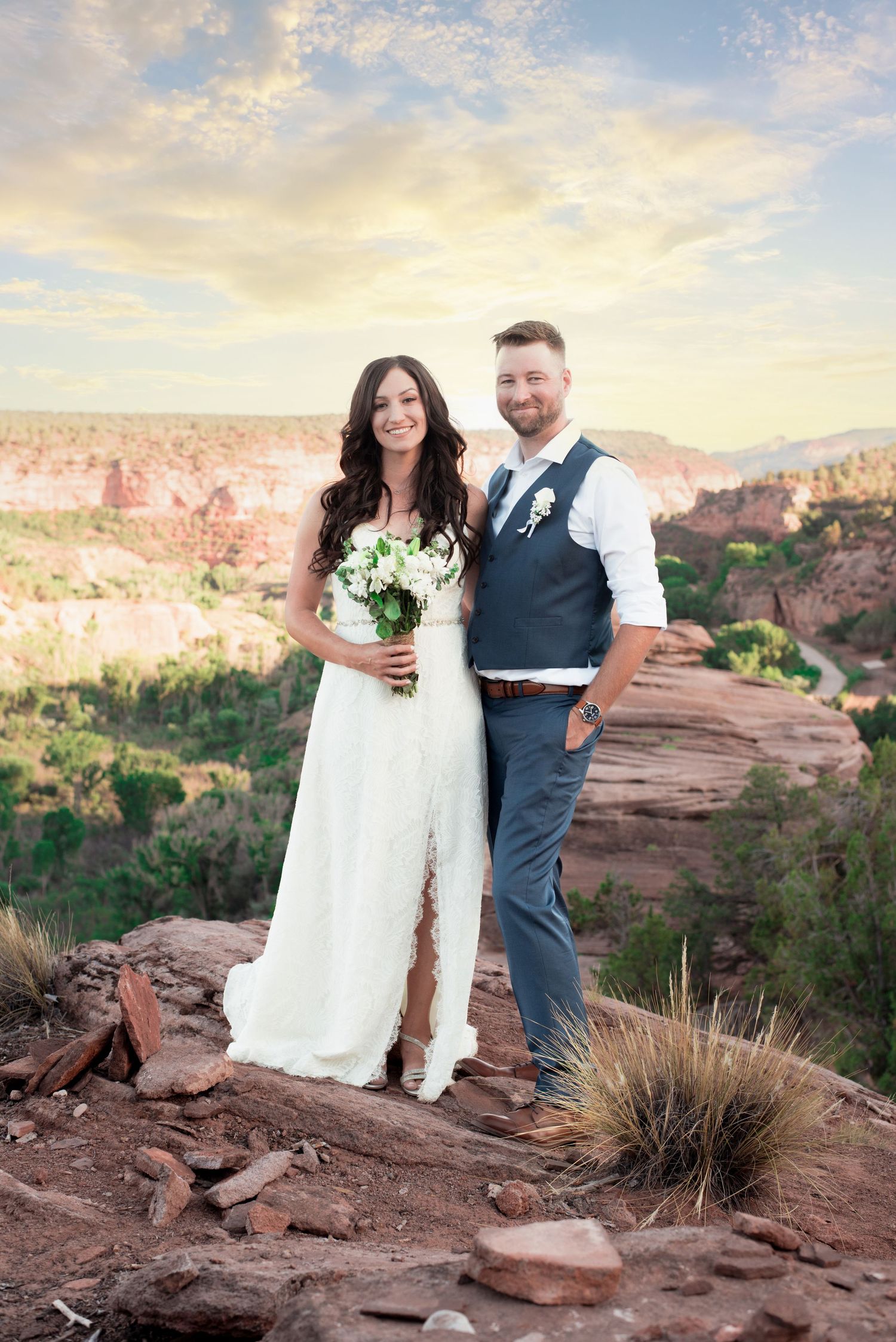 Romantic sunset wedding portrait of a bride and groom in Southern Utah.