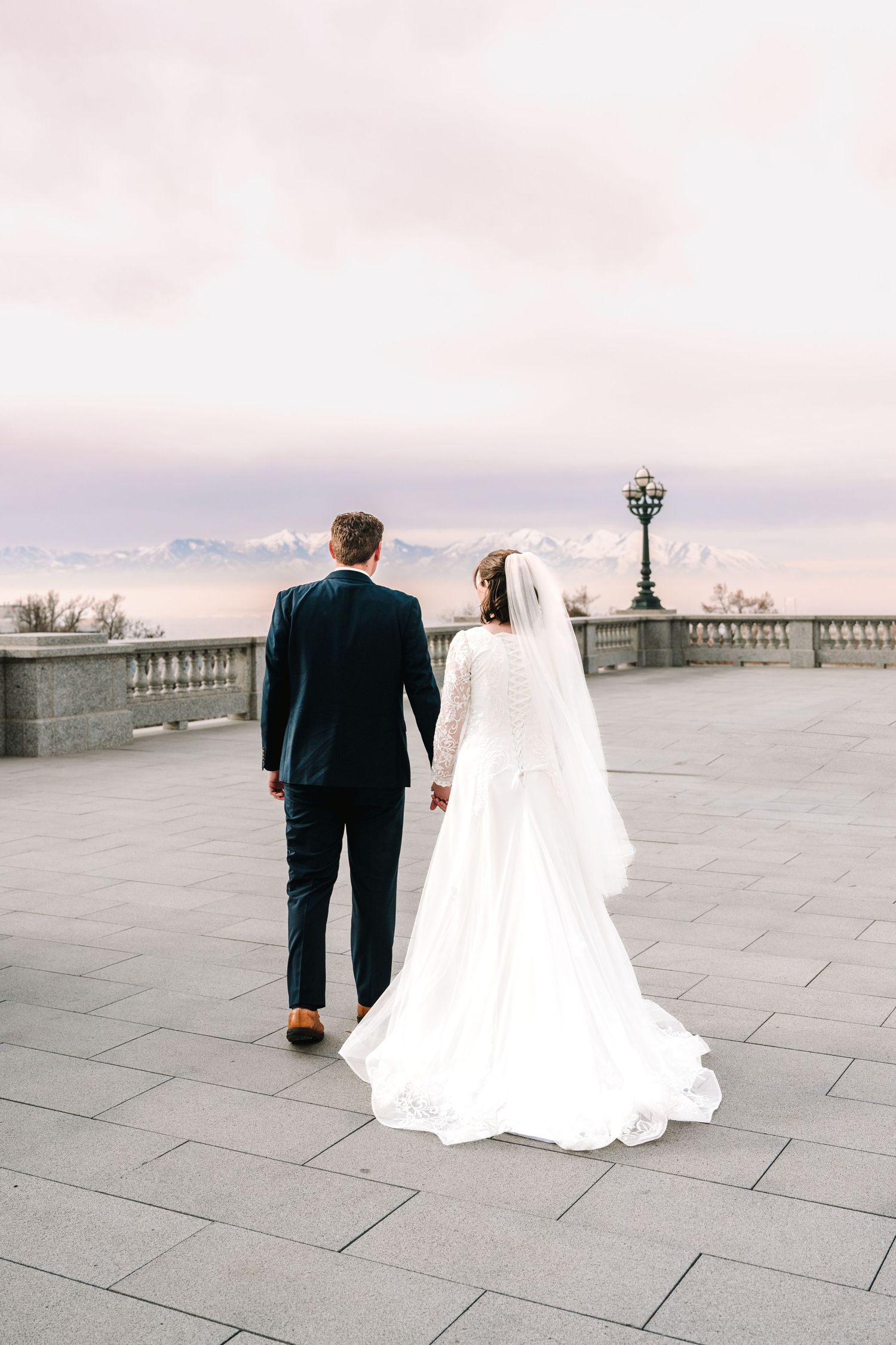 Romantic wedding portrait featuring newlyweds enjoying a peaceful evening together.