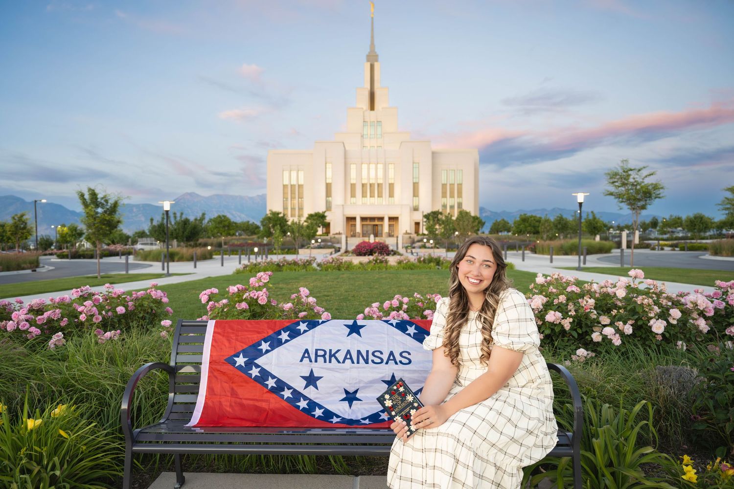 LDS missionary farewell portrait at the temple with mission call to Arkansas during a Utah County photography session.