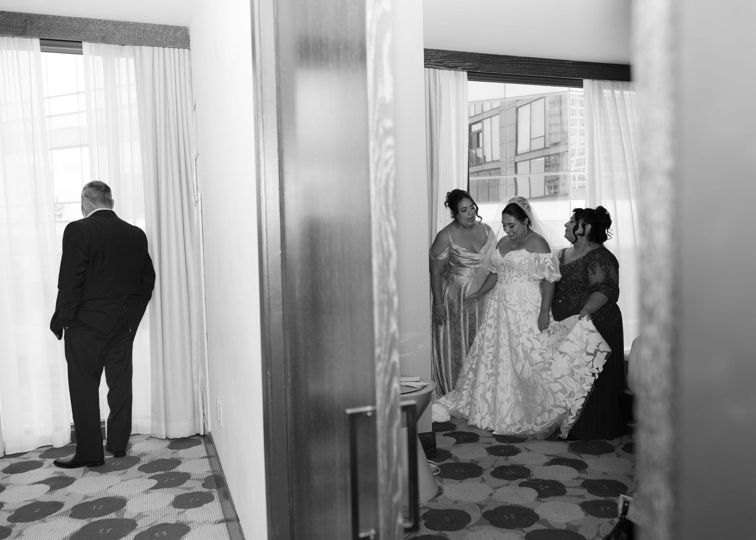 Black and white sequence of wedding preparation moments in a hotel hallway.