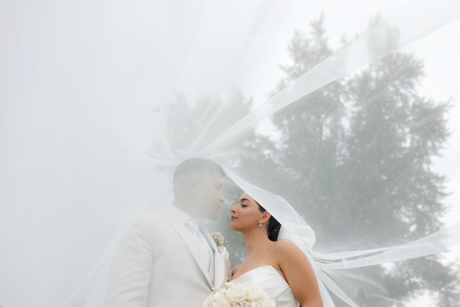 Ethereal bridal portrait through foggy window with soft natural light.