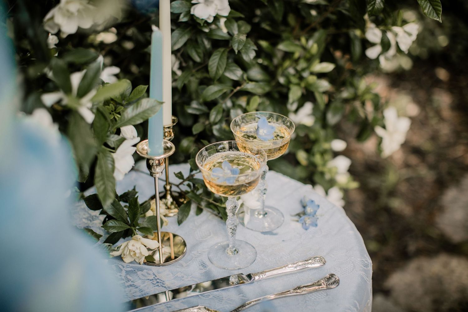 Elegant table setting features champagne glasses and blue floral details among greenery.