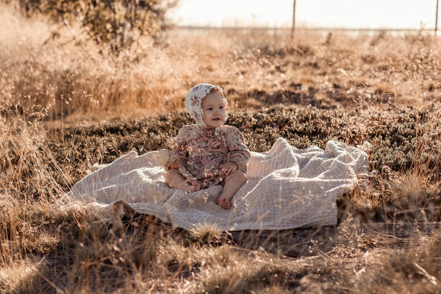 A baby in floral dress sits on a blanket in a sun-drenched golden field.