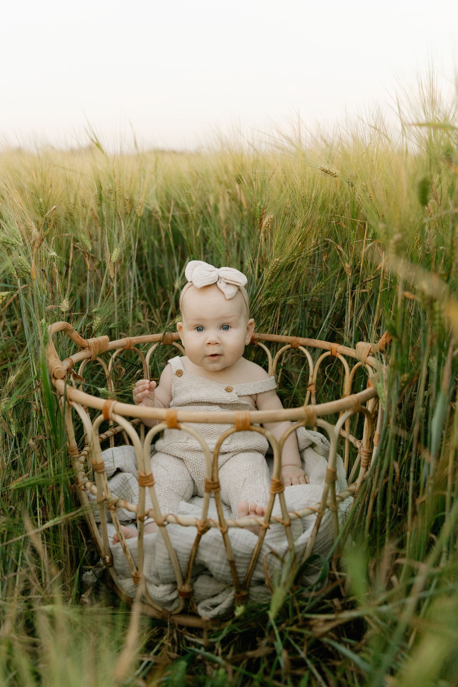 A baby wearing sunglasses sits in woven rattan chair surrounded by tall grass at sunset.