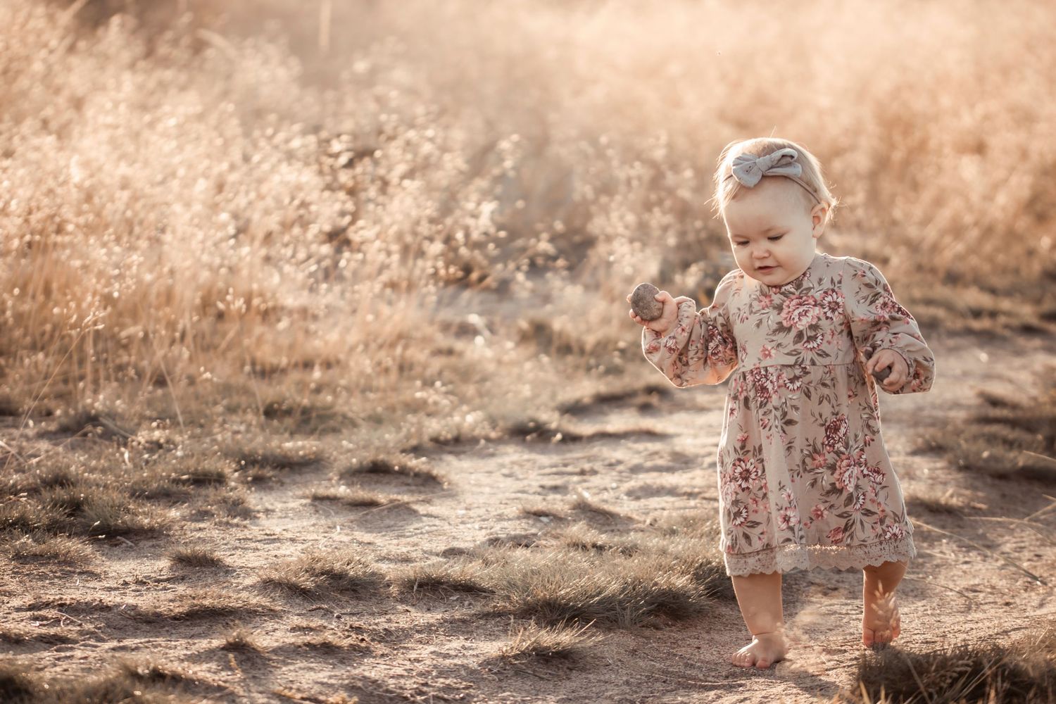 A toddler in floral dress walks through golden sunlit field.
