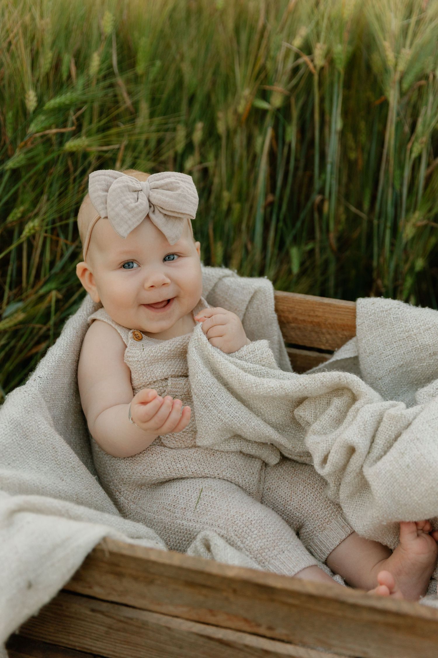 Baby wearing knit outfit and bow sits in wooden box surrounded by tall grass.