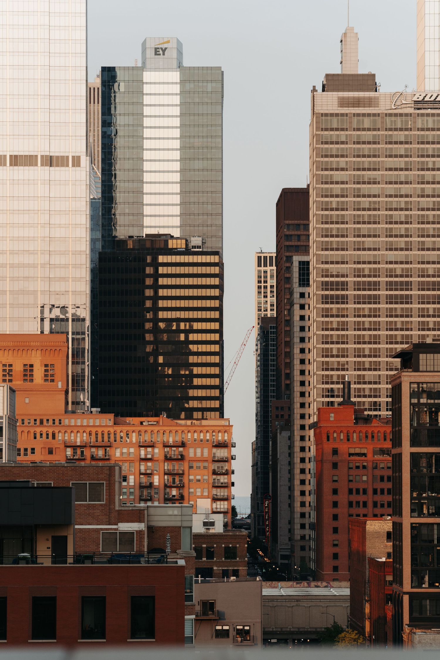 Urban skyline featuring EY tower and classic brick buildings bathed in warm golden light in a bustling city.