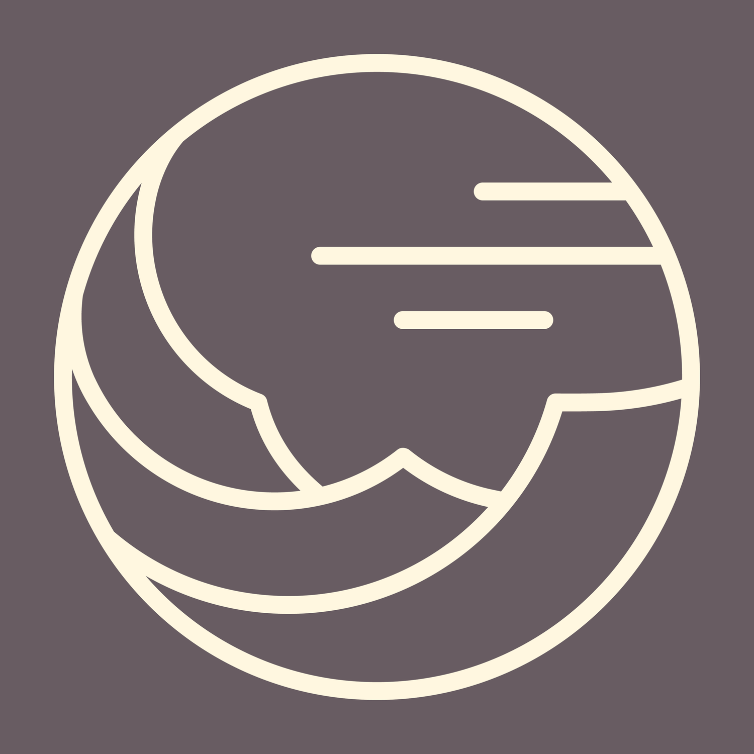 Minimalist circular logo with cream line art depicting a globe and horizontal lines on a muted purple background.