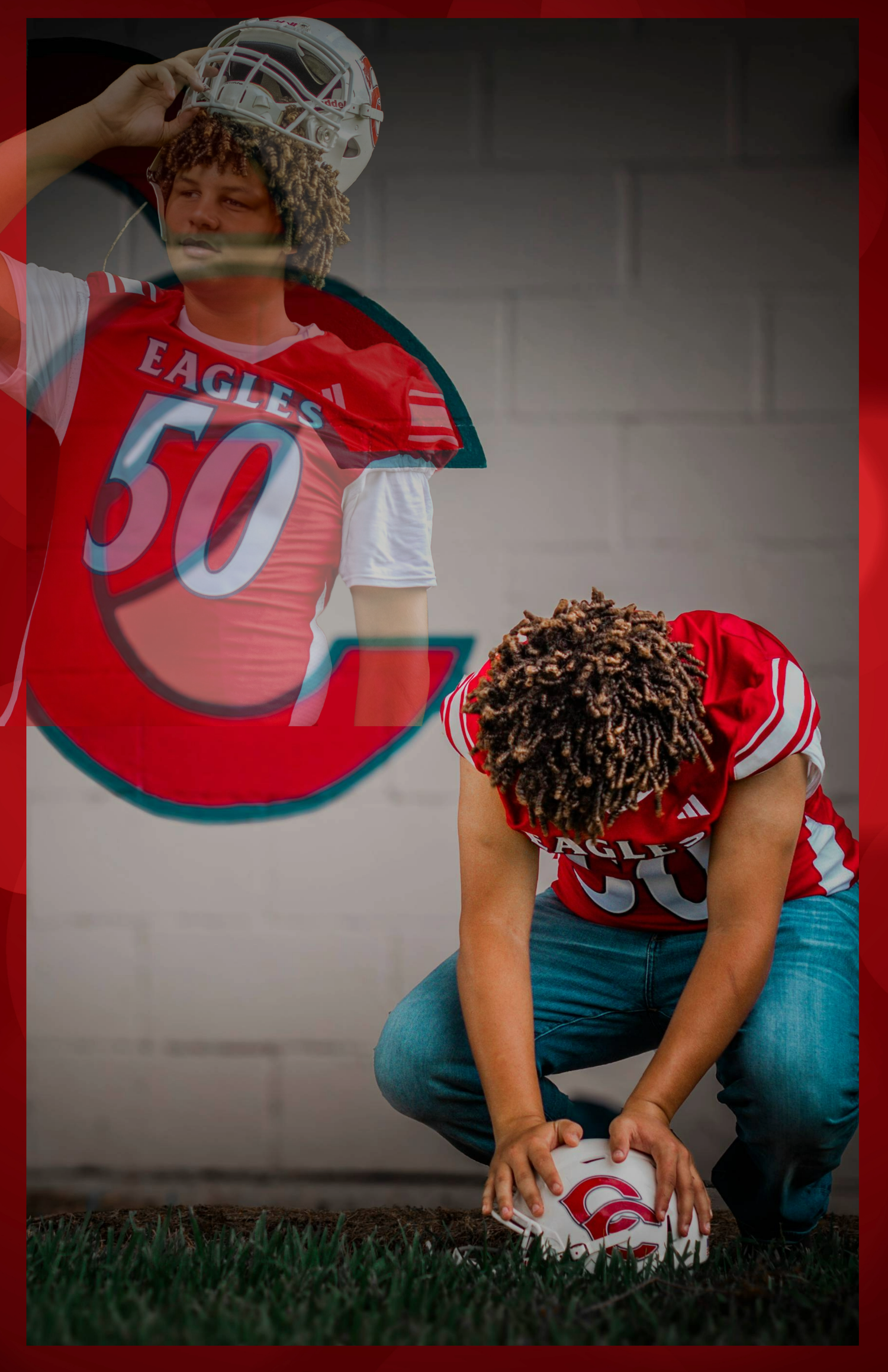 Sports themed photo sequence with red jersey against grass and wall background.