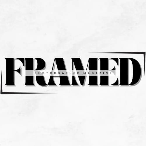 Modern typography magazine header with FRAMED text in black and white.