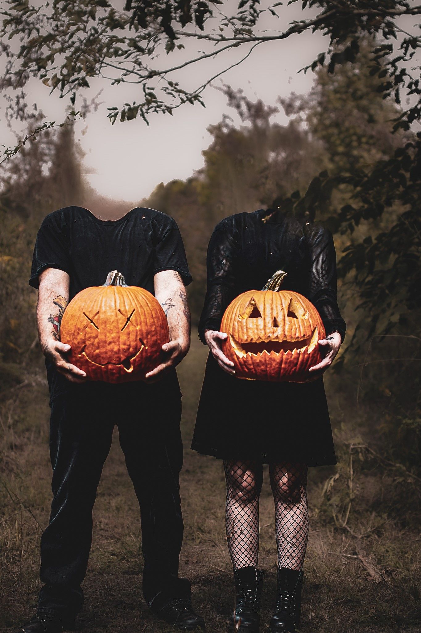 Creative Halloween photo series showing carved pumpkins held by people in dark clothing.