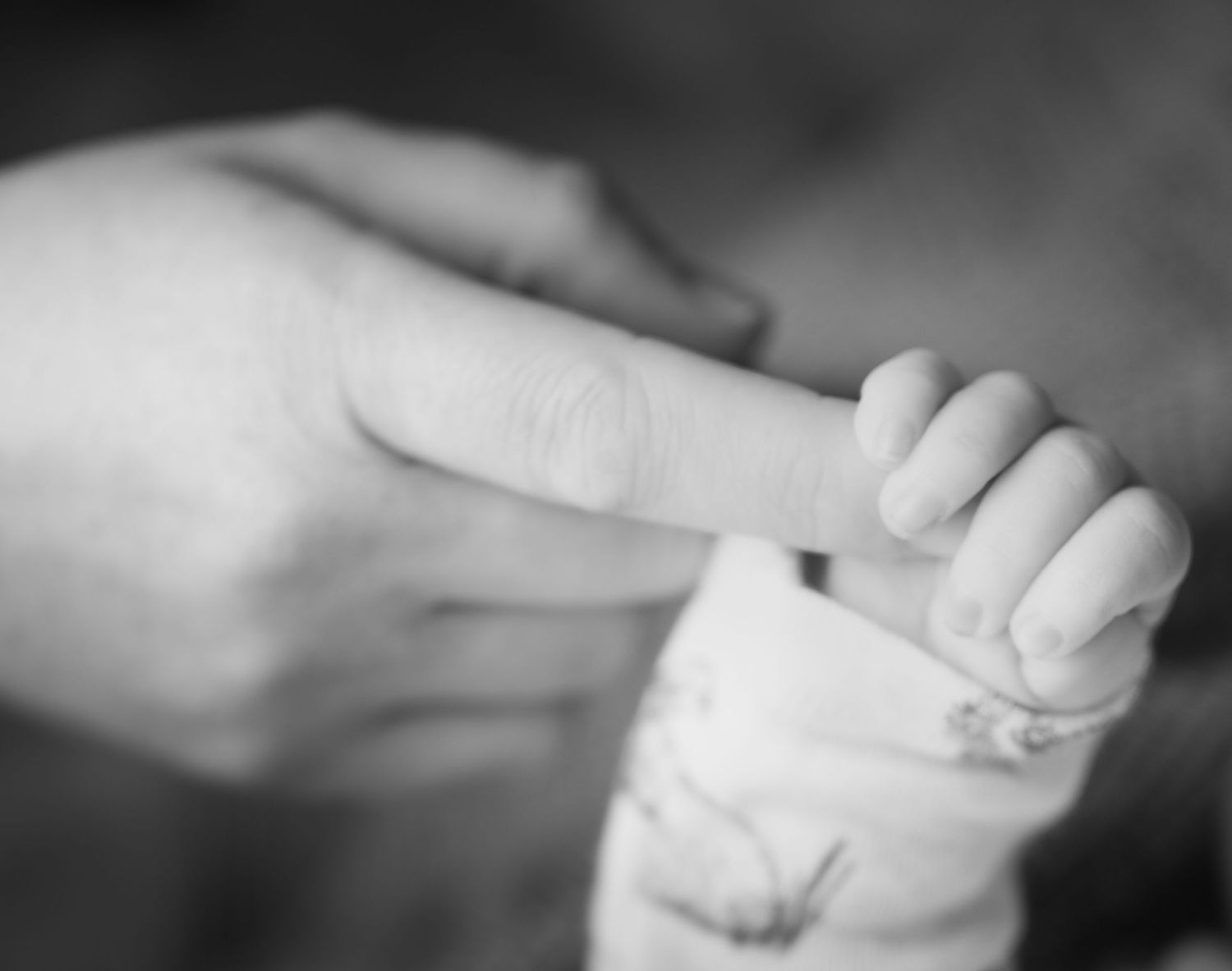 Black and white photo of a newborn baby grasping an adult's finger, symbolizing new life and parent-child bond.