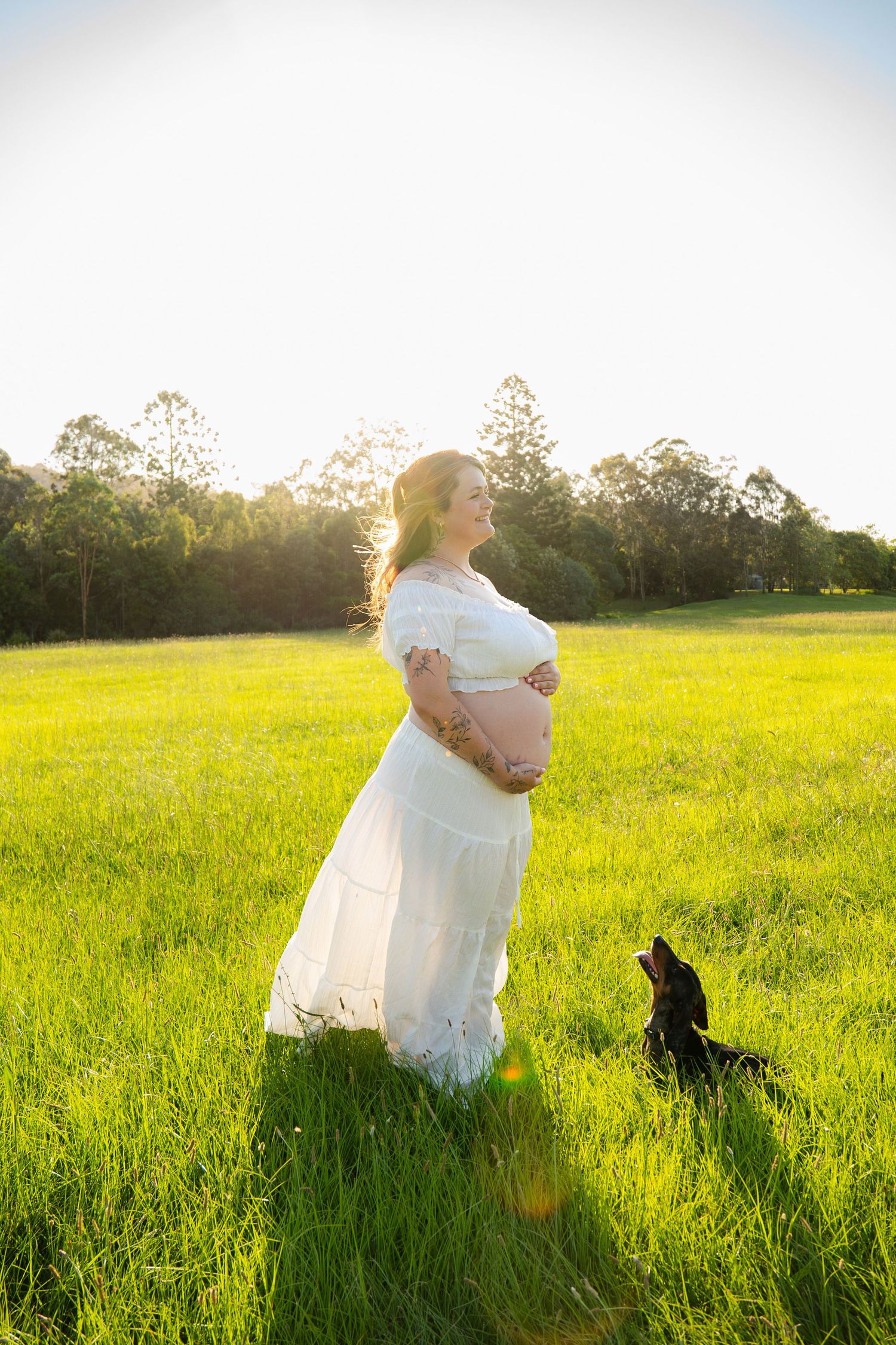Expecting mother and puppy golden hour maternity in open field - Photos by Bailey Rose Gold Coast