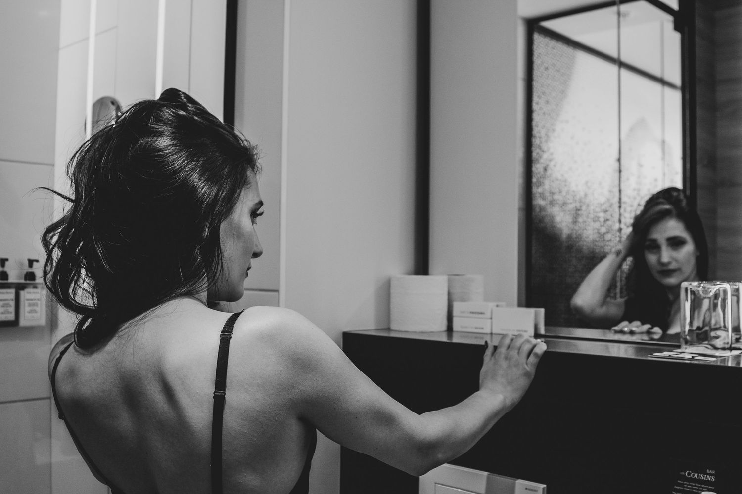 Artistic black and white portrait series showing contemplative poses.