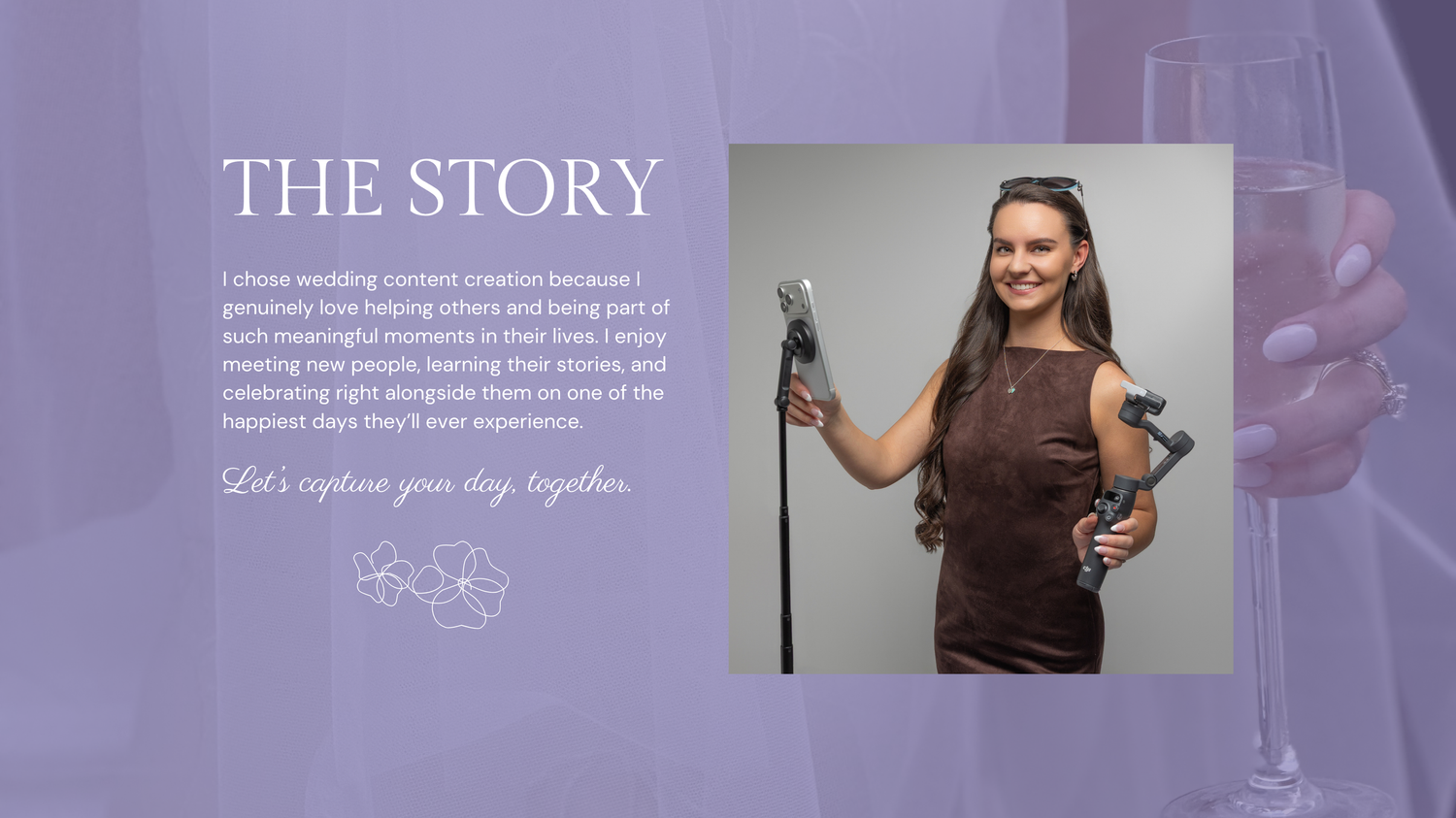 A wedding content creator poses with camera equipment beside text describing her passion for capturing couples happiest days.