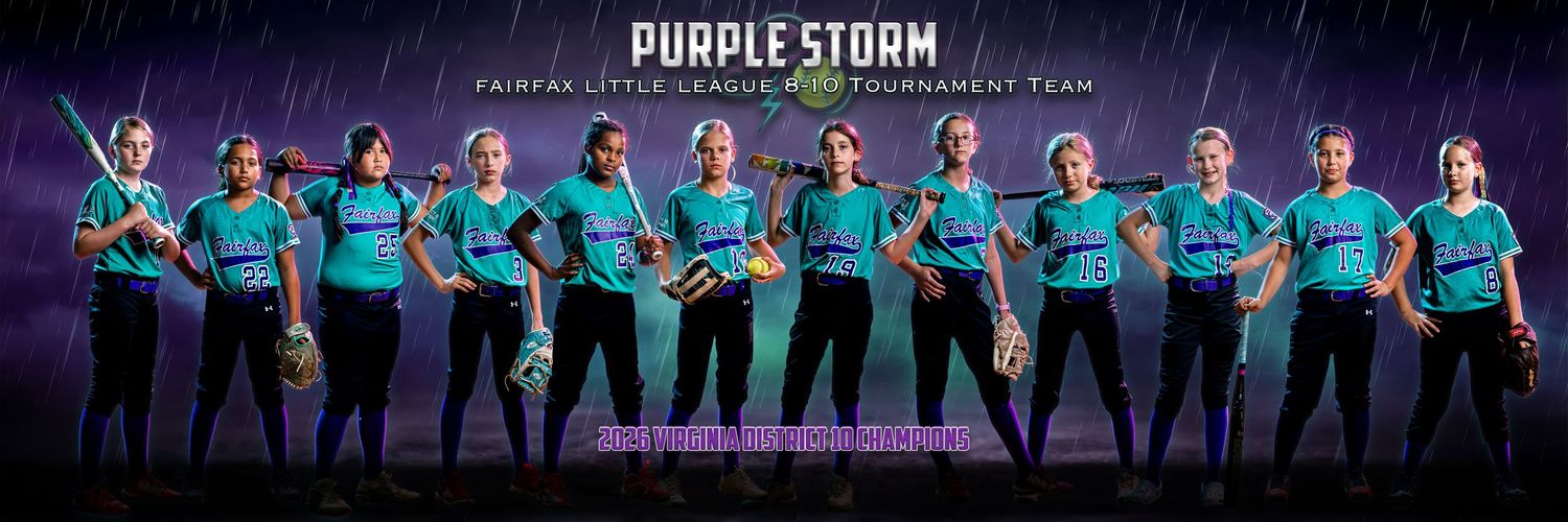 Fairfax Little League softball Purple Storm panoramic team composite photo lit with three studio strobes by Sporty-Clips Media.