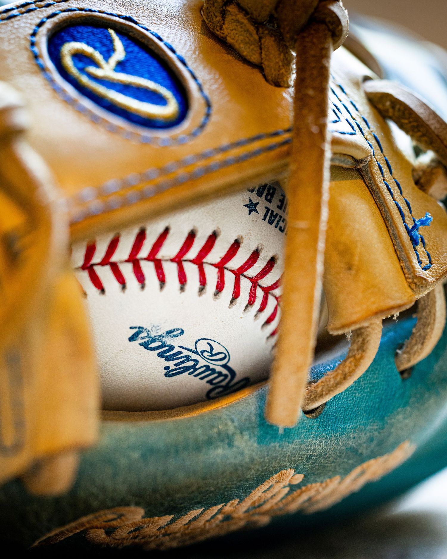 Elite macro photography of a baseball glove and baseball using flagship Canon camera and lenses.