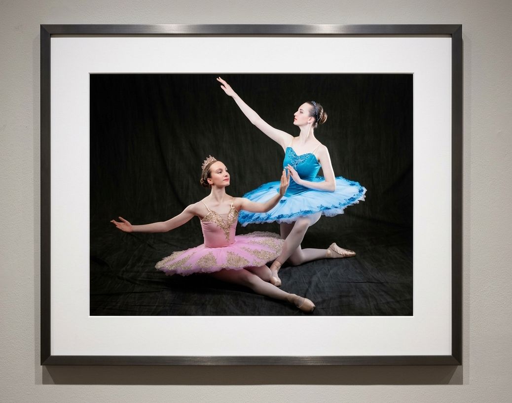 Dance studio portrait session using strobes, professionally printed and framed for wall display.