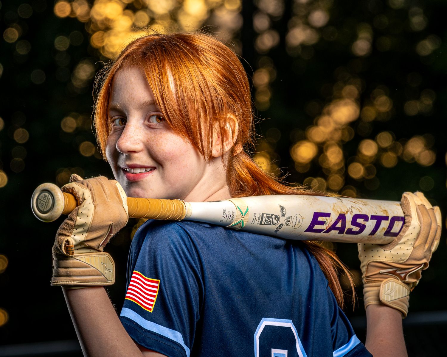 Fairfax VA youth softball portrait. Signature Series strobe lighting at golden hour by Sporty-Clips Media. Elite athlete media day style.