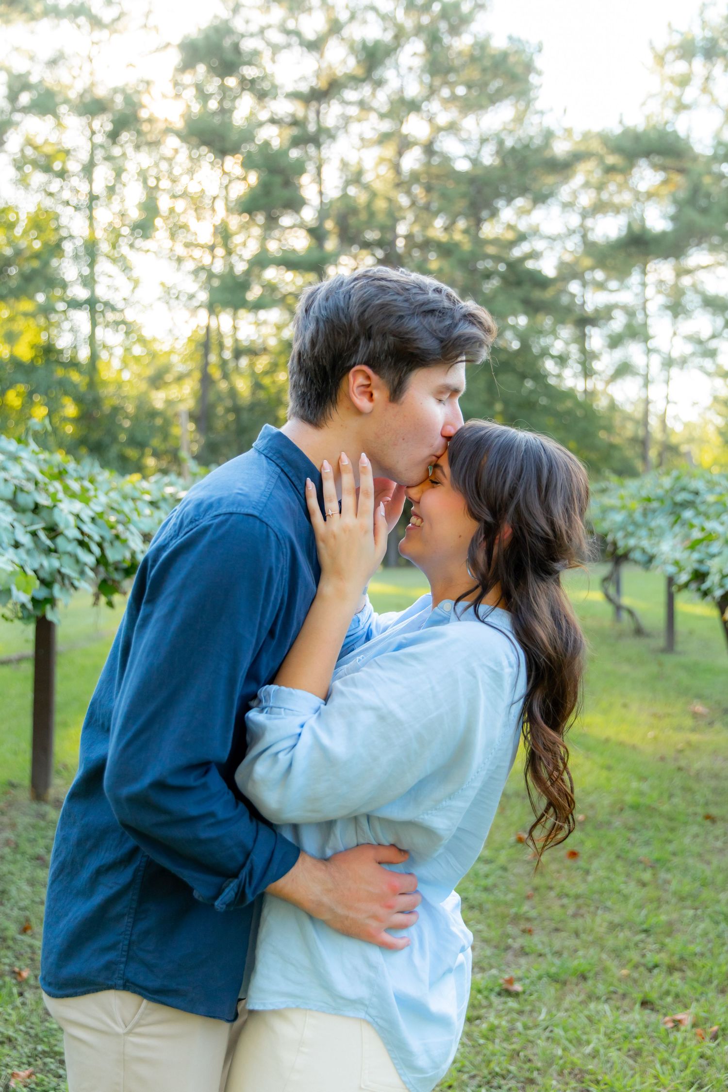 Romantic couple sharing kiss in vineyard during sunset.