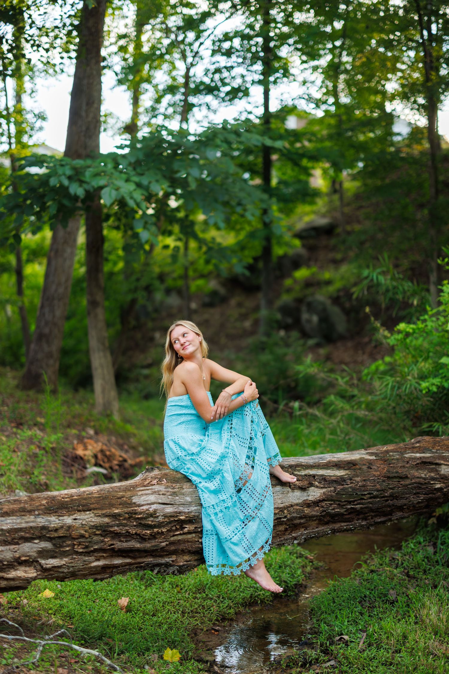 A turquoise dress against a natural forest backdrop with fallen logs and greenery.