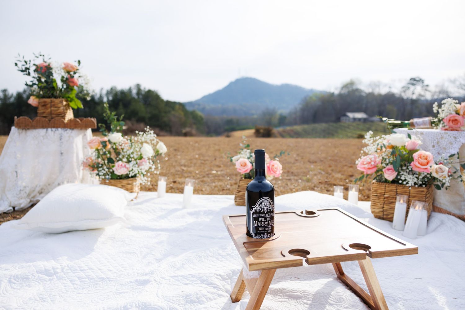 Romantic outdoor picnic setup with wine bottle, wooden tray, pink roses, and mountain backdrop on white blanket.