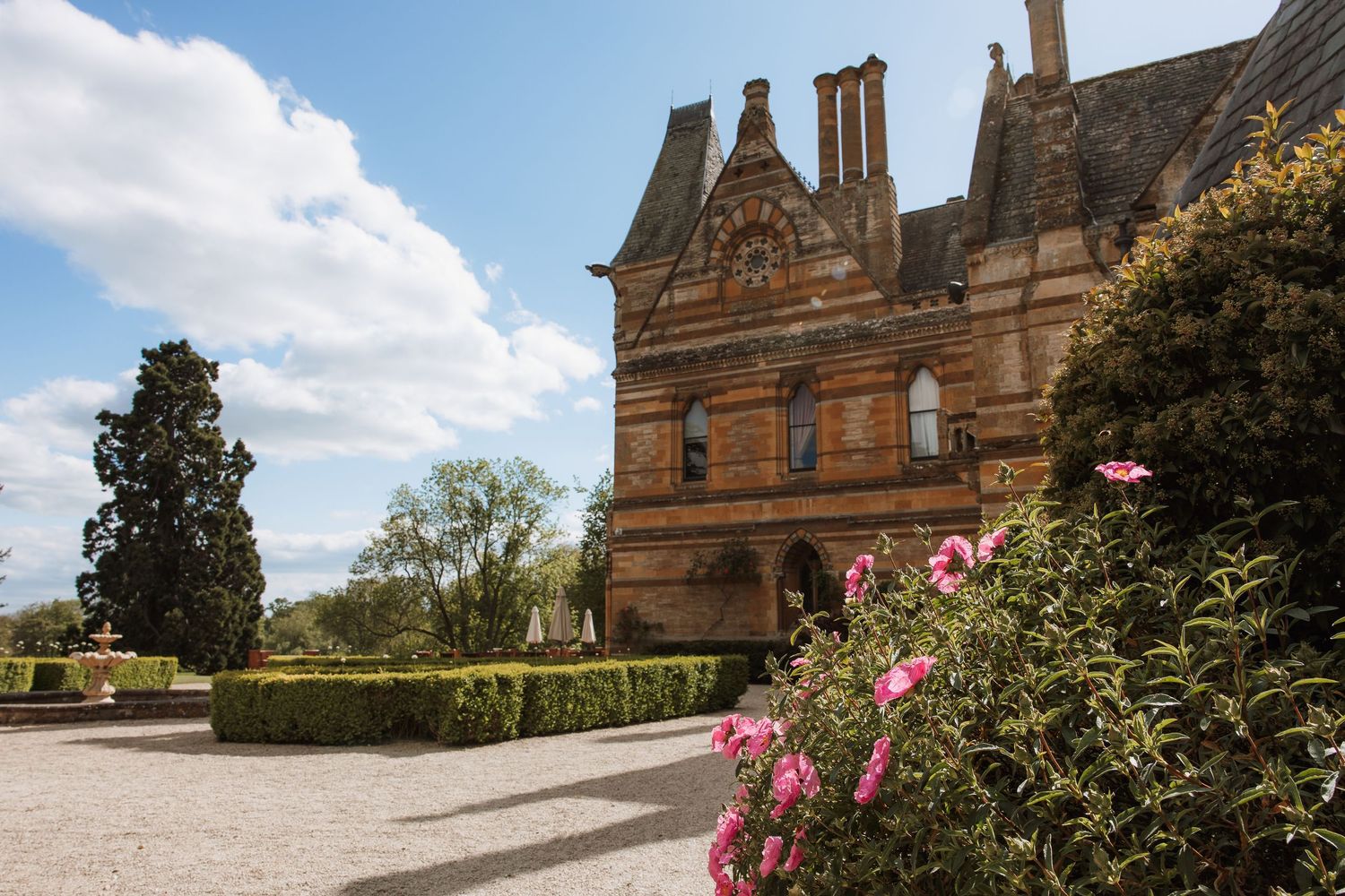 Historic Victorian mansion with ornate stonework, surrounded by manicured hedges and blooming pink roses under a blue sky.