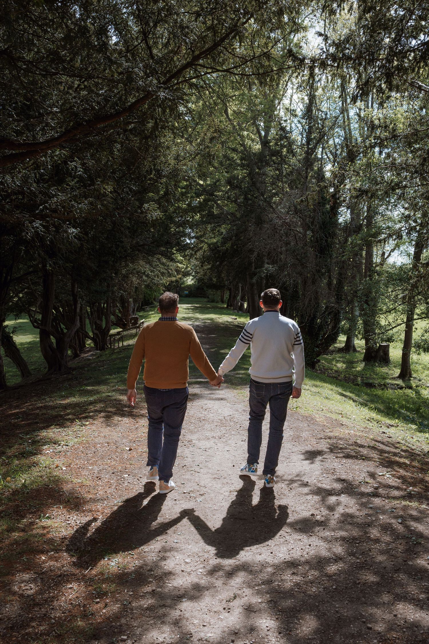 Two people holding hands while walking along a tree-lined path in a sunny park.