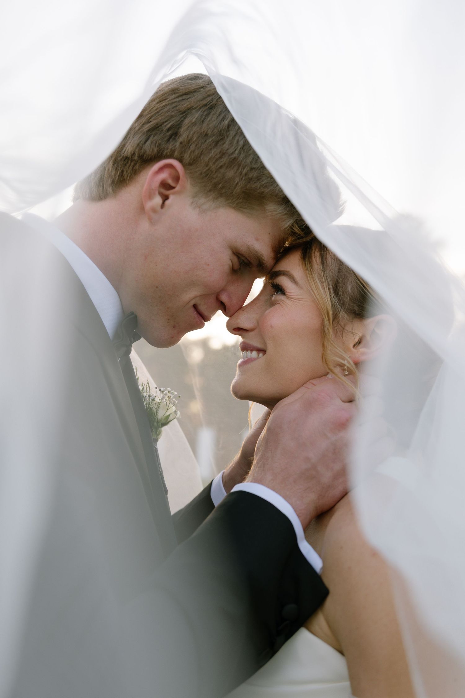 Romantic wedding portrait of bride and groom touching foreheads under flowing white veil in soft natural light.