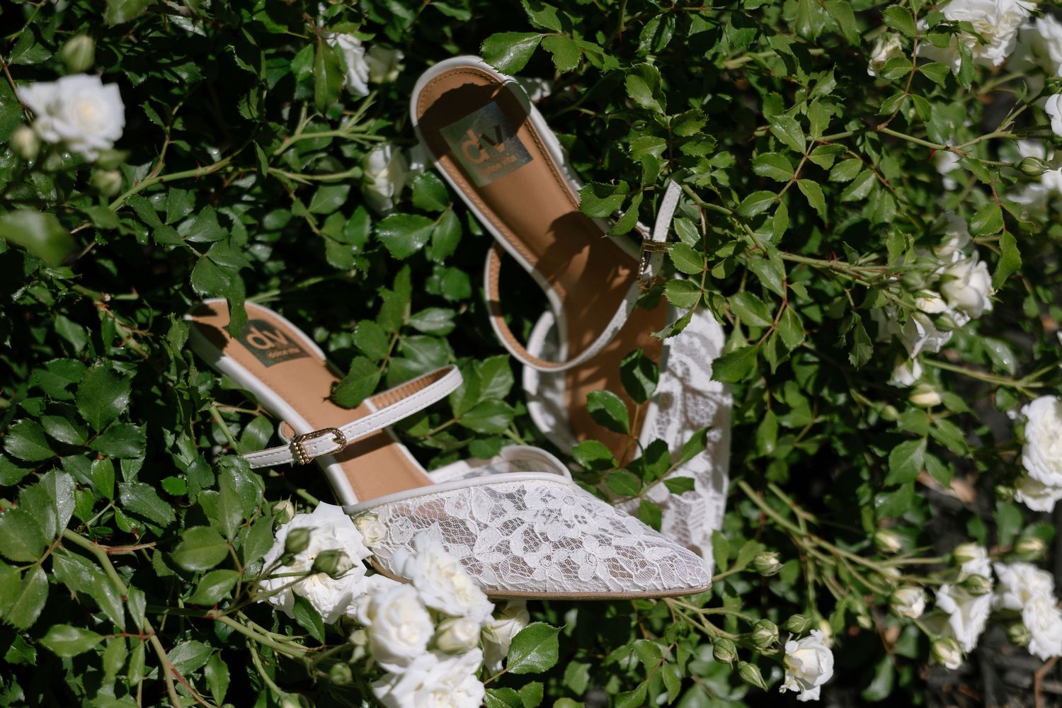 Elegant bridal heeled sandals resting among lush green leaves and delicate white roses outdoors.