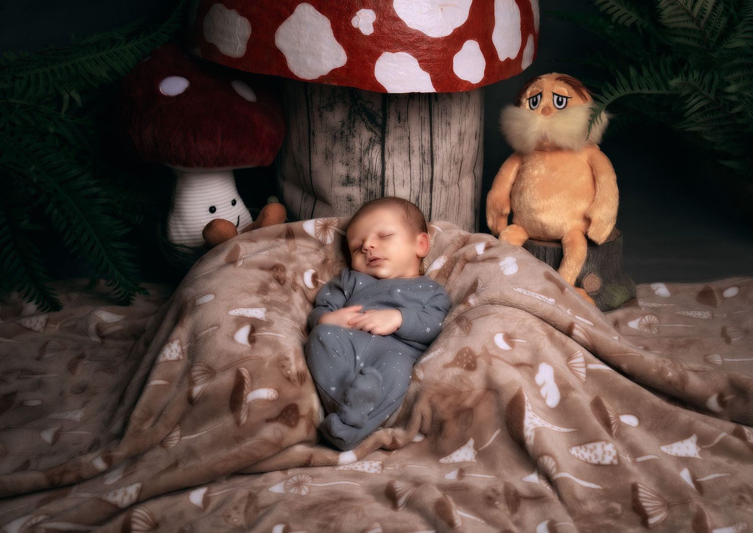 Sleeping newborn baby wrapped in brown blanket surrounded by mushroom and woodland creature props.