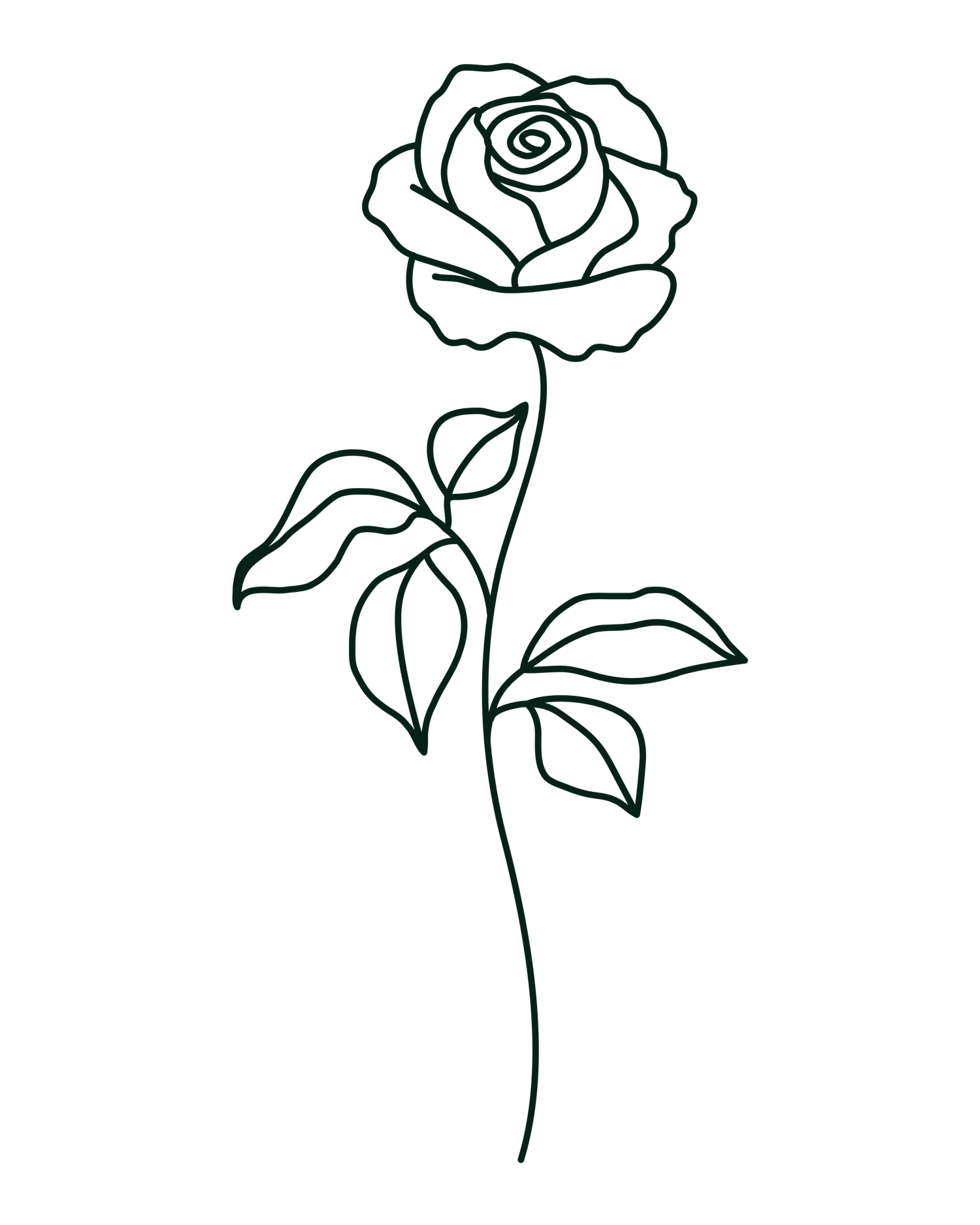 Elegant minimalist line art illustration of a single rose with stem and leaves on white background.