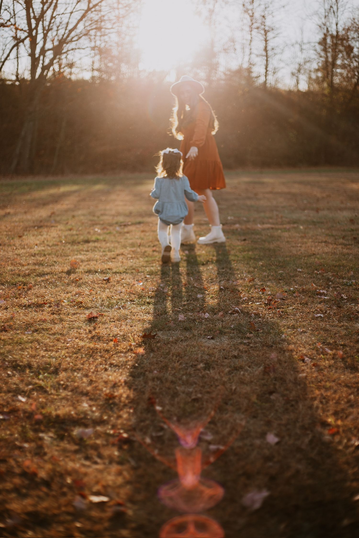 Mother and young child walking hand-in-hand in a sunlit autumn field, golden hour light casting long shadows.