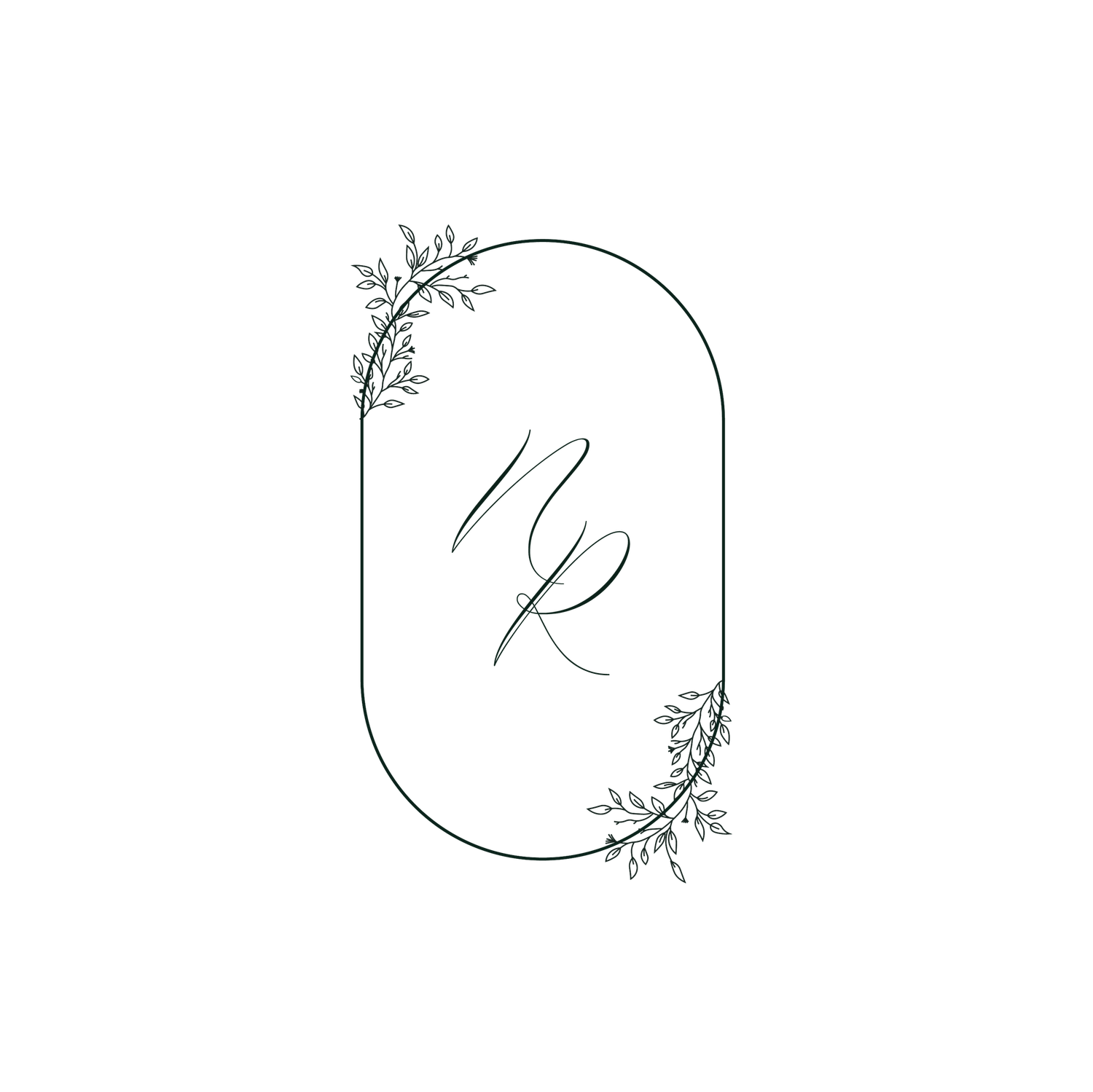 Elegant botanical monogram logo with intertwined NR initials inside arch frame with leaf details.
