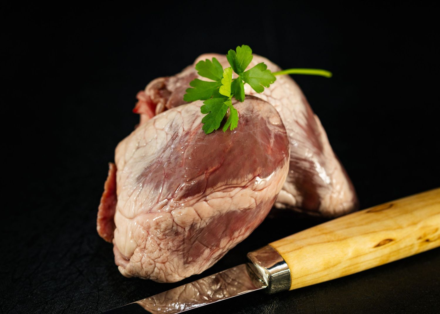 Food and product photography and videography Raw beef tenderloin garnished with parsley and wooden-handled knife on dark background.