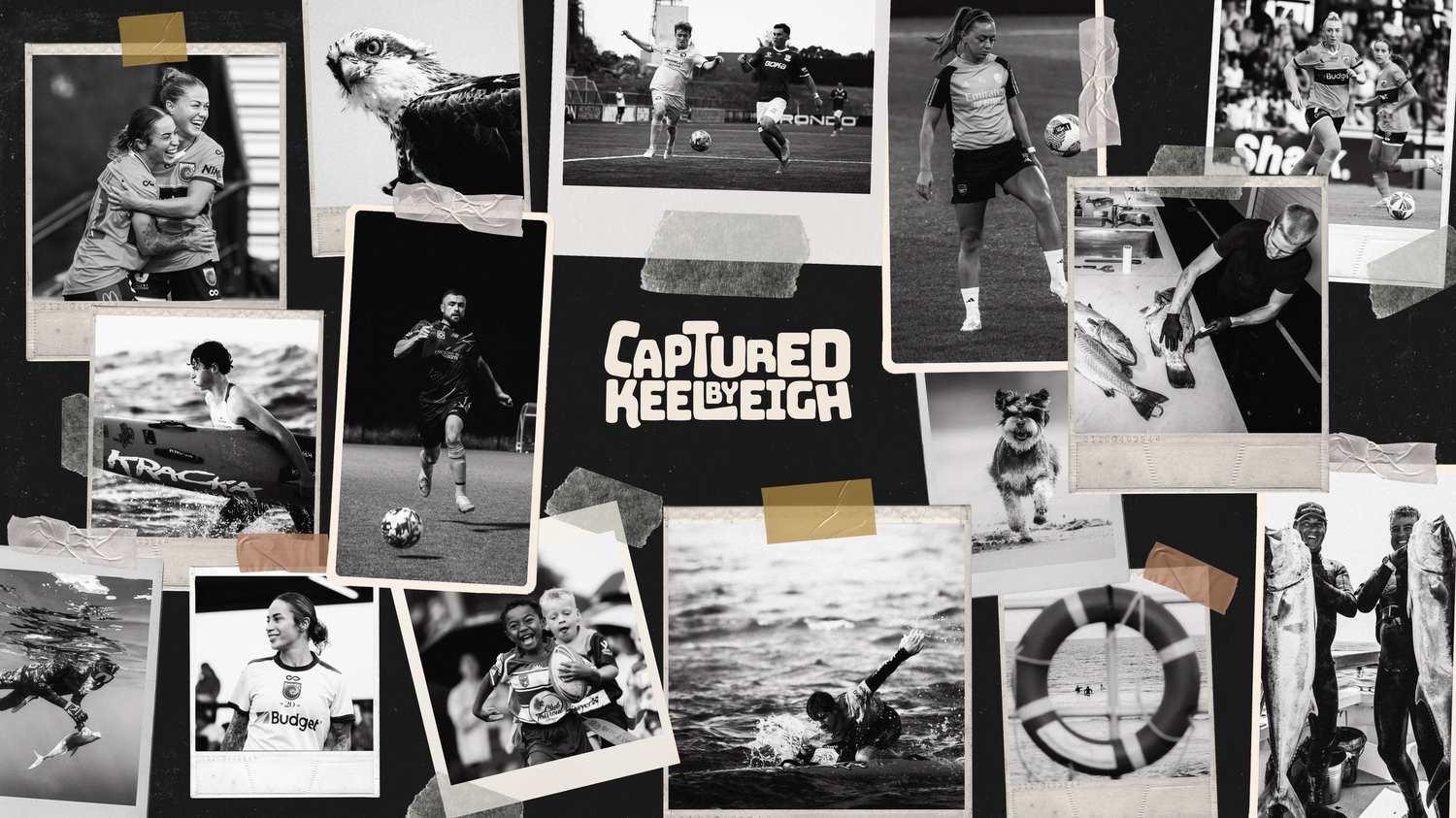Black and white collage of vintage photographs arranged in a horizontal strip displaying captured by keeleigh logo, photo and video business