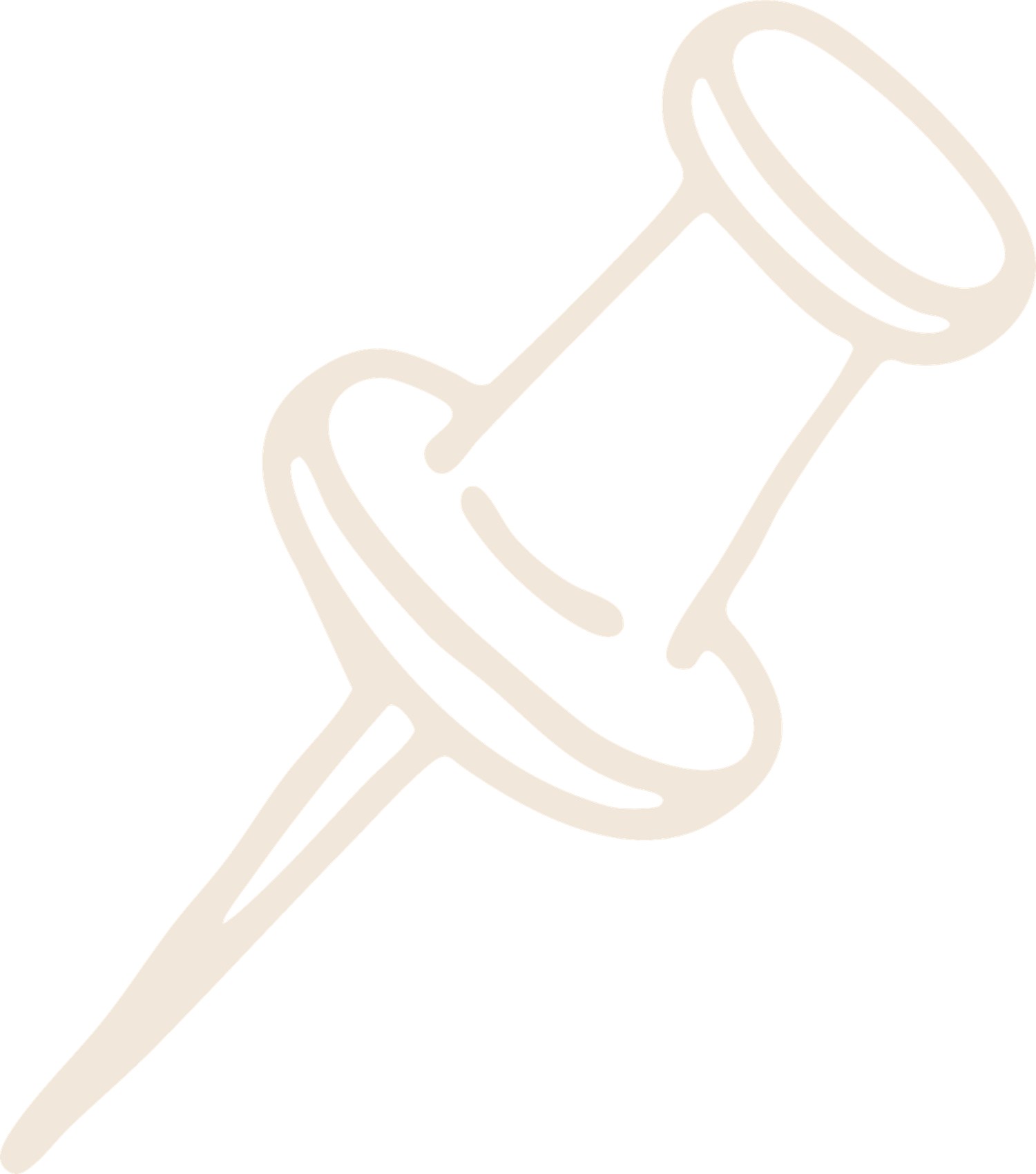 A simple line drawing of a pushpin or thumbtack in light beige color against a white background.