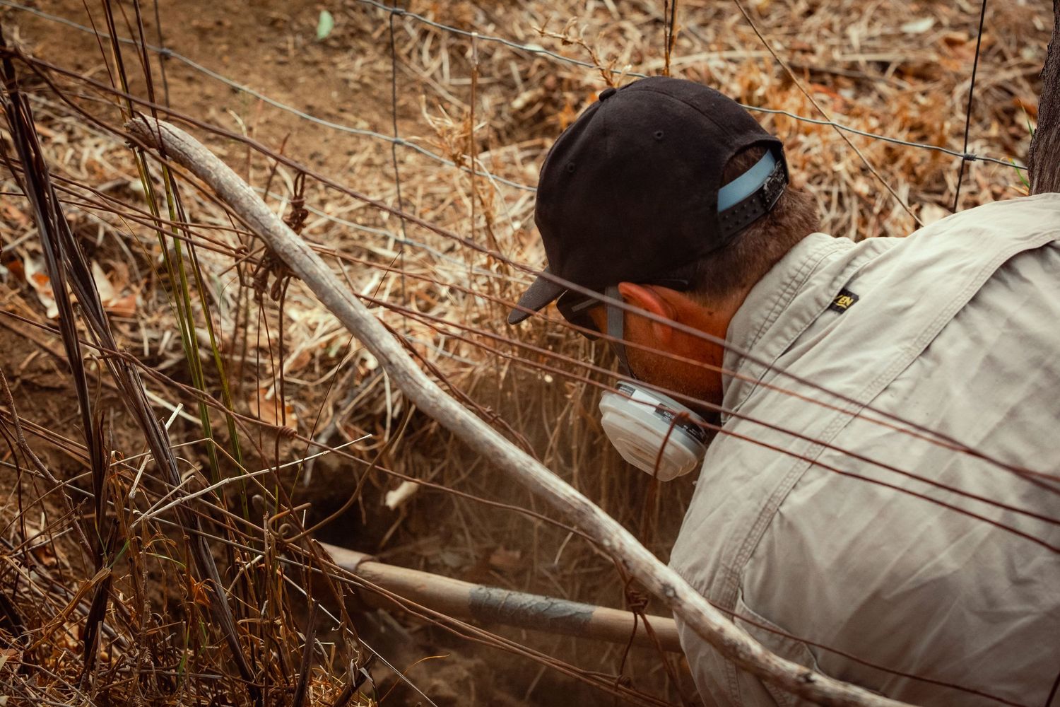 Branding and business photography in Sydney's Sutherland Shir Tradie content Workers in safety equipment examining brush in a rural setting.