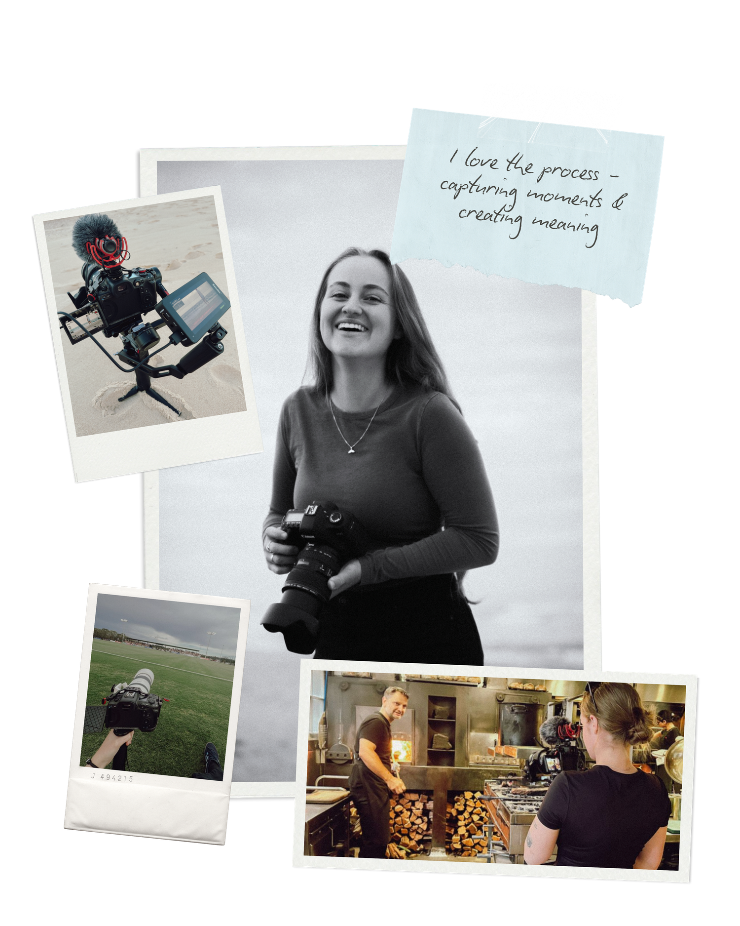 A female photographer smiles holding a camera, surrounded by polaroid photos of videography work and behind-the-scenes filming moments.