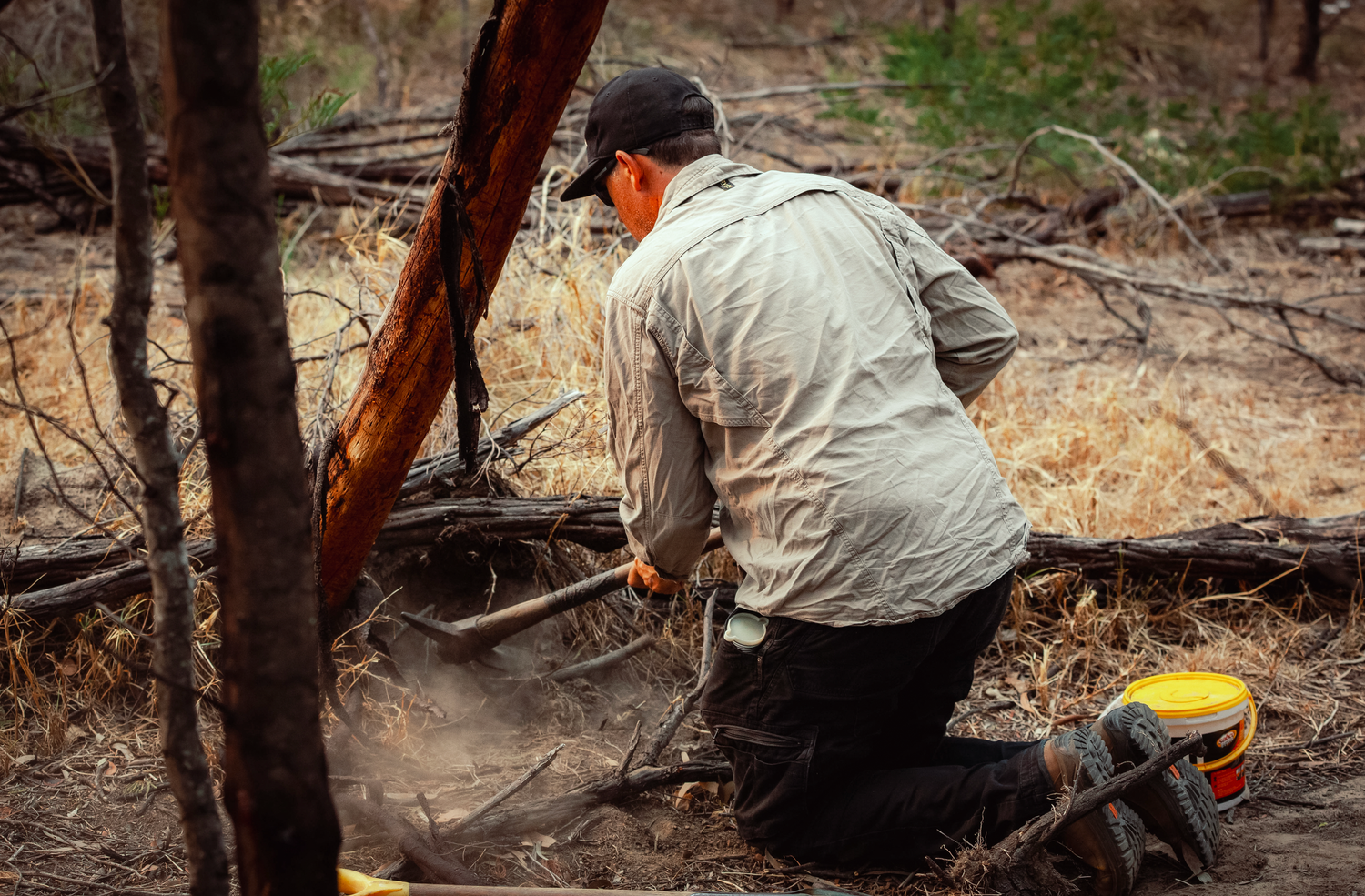 Branding and business photography and videography Person using power tools to clear fallen branches and debris in a wooded area.