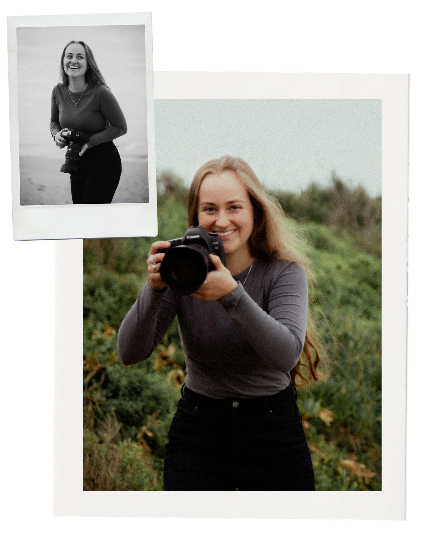 Smiling female photographer holding a Nikon camera outdoors, wearing a gray top and black pants, with greenery in the background. Sutherland