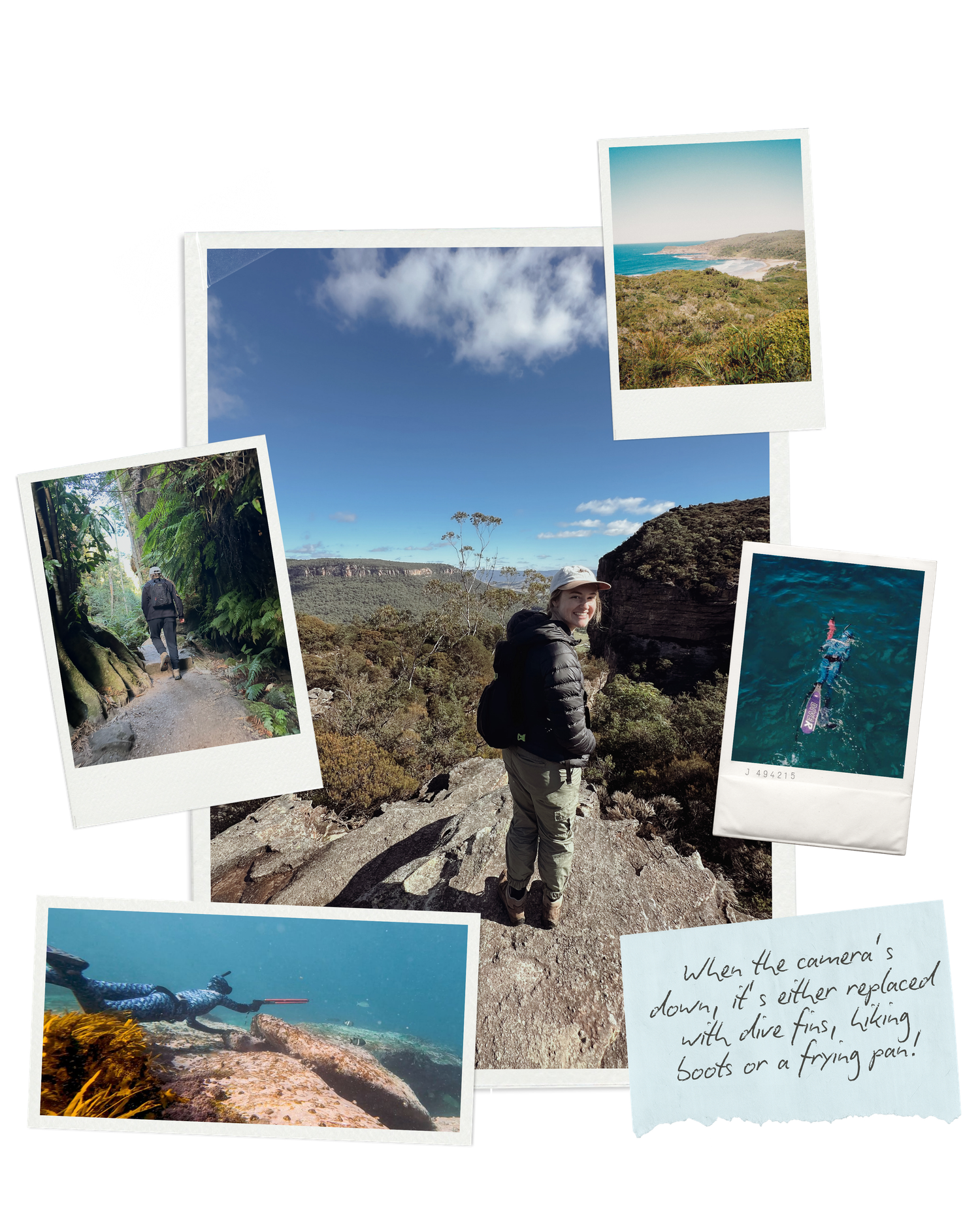 Collage of outdoor adventure photos featuring hiking trails, coastal views, rock climbing, and snorkeling in scenic natural landscapes.
