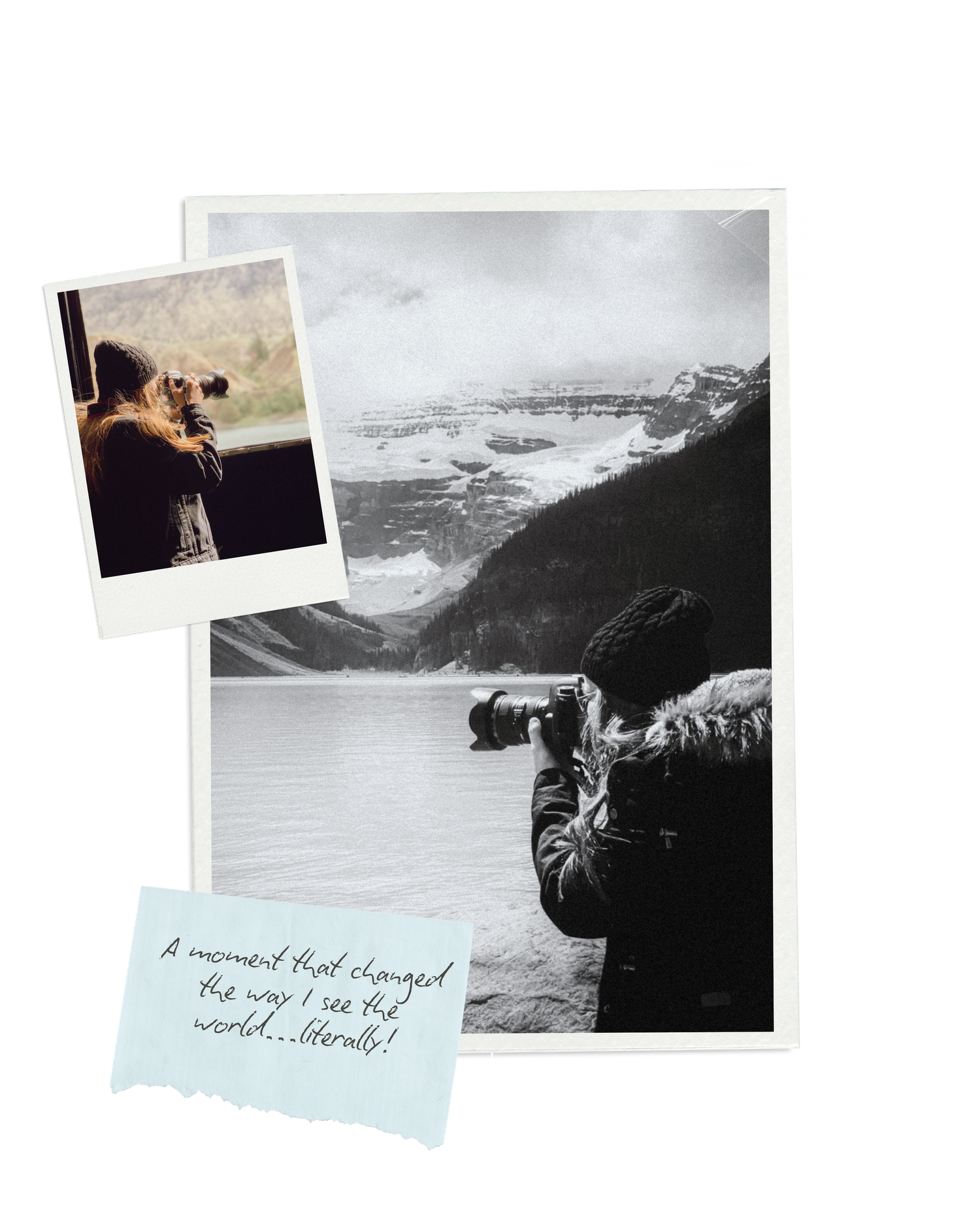 Collage of black-and-white travel photos featuring a photographer capturing mountain landscapes, with a handwritten note overlay.