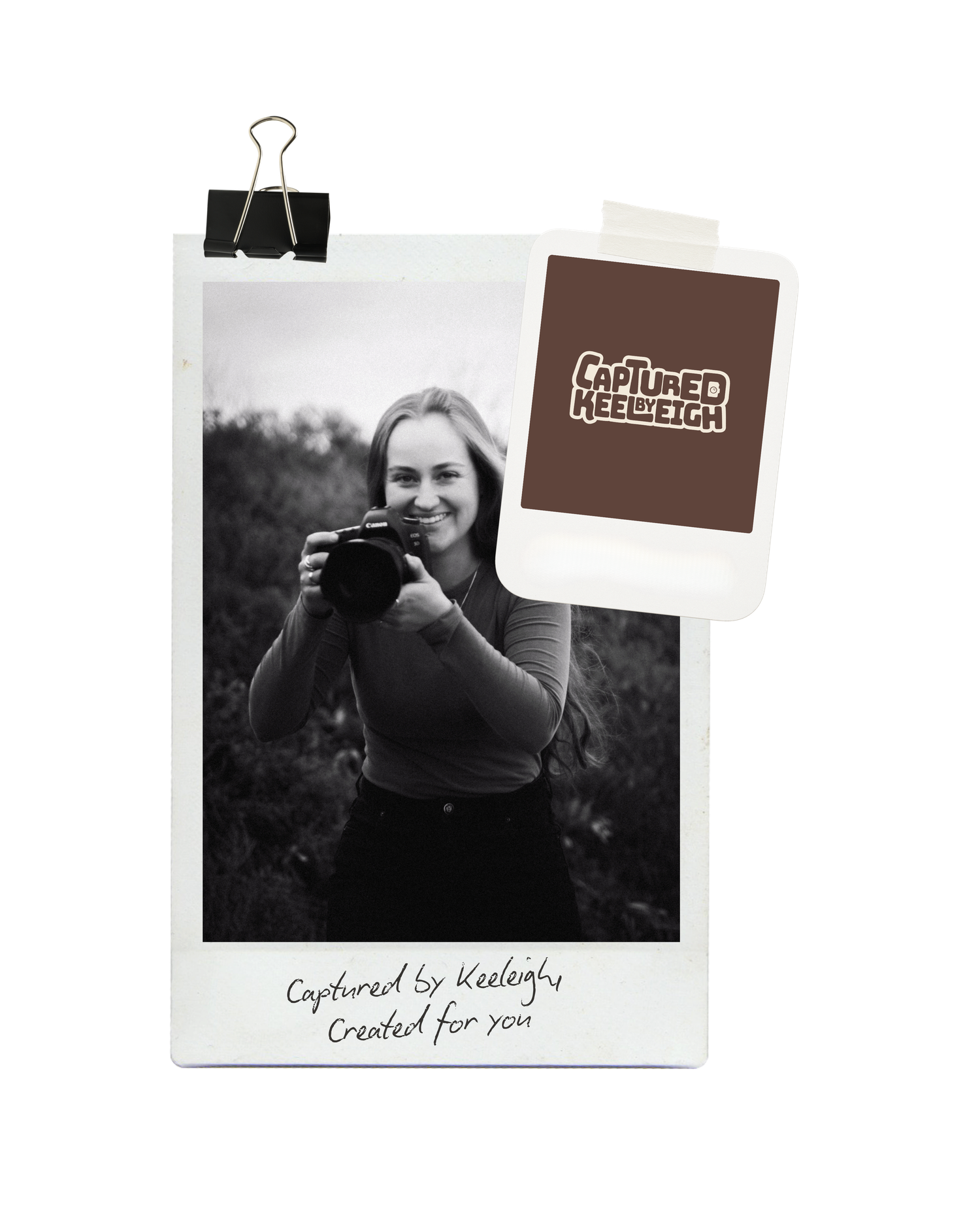 Polaroid-style photo of a smiling woman holding a camera, with Captured Keeleigh branding label. Sutherland Shire photographer